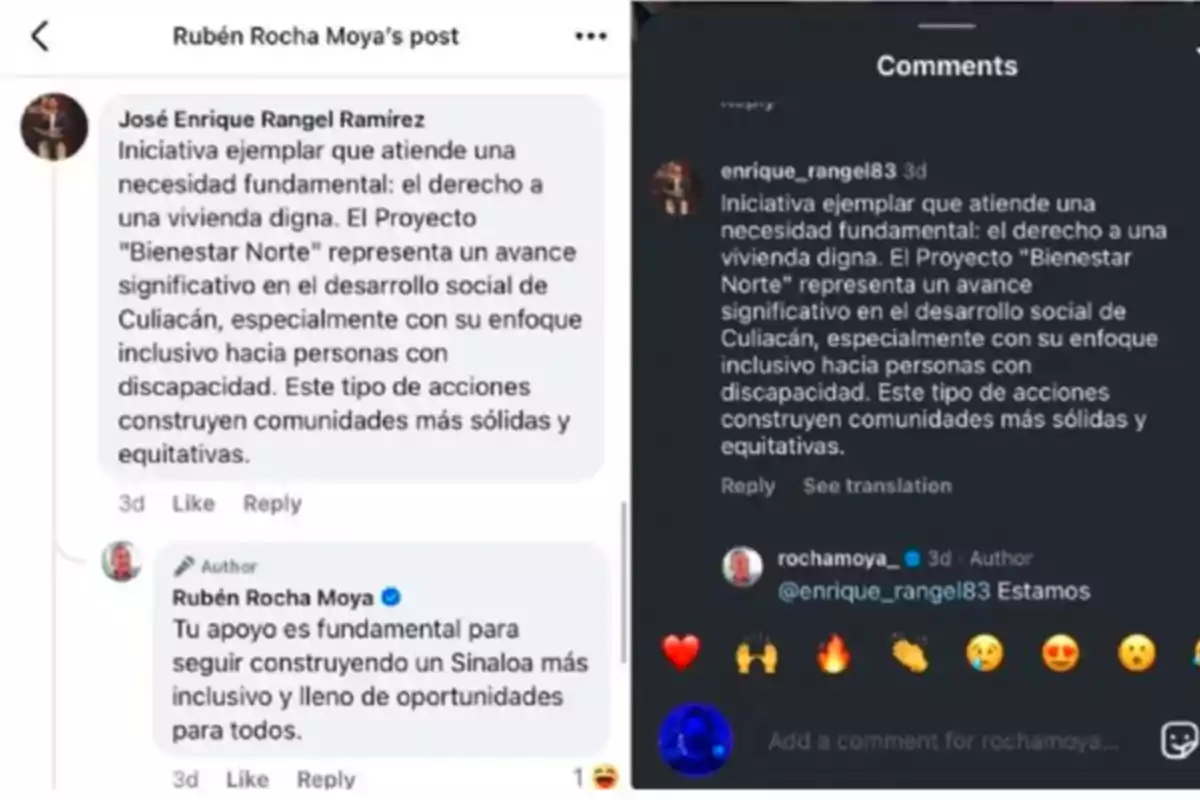 The image shows a post by Rubén Rocha Moya with comments from José Enrique Rangel Ramírez and enrique_rangel83, highlighting an initiative that addresses the right to decent housing through the 