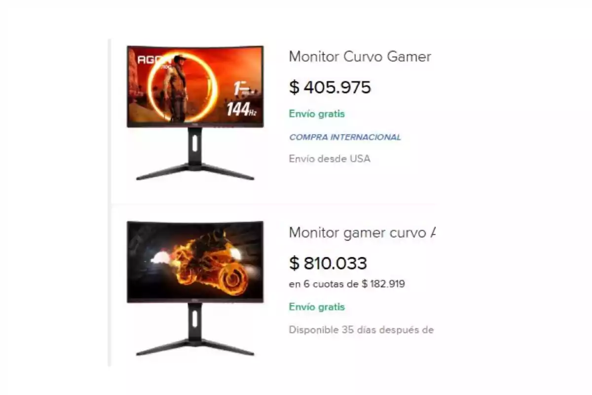 Dos monitores curvos para gamers con precios y opciones de envío gratis. Arriba, el monitor de compra internacional (más barato) y abajo el mismo monitor de venta nacional (más caro)