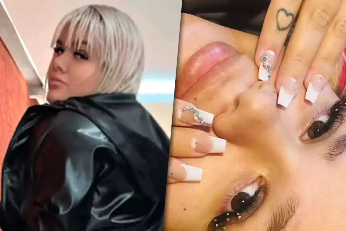 Morena Rial with short blonde hair and a black jacket poses from behind while another image shows a close-up of a face with decorated nails and a heart tattoo on the finger.