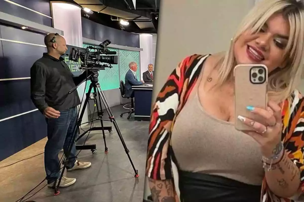 Un estudio de televisión con un camarógrafo grabando a dos presentadores y Morena Rial tomándose una selfie frente al espejo.