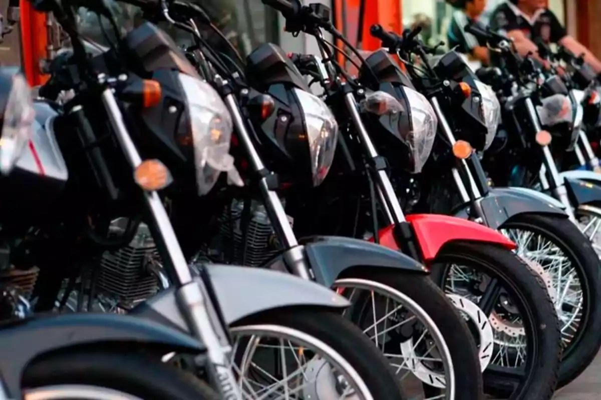 Fila de motocicletas estacionadas en una exhibición.