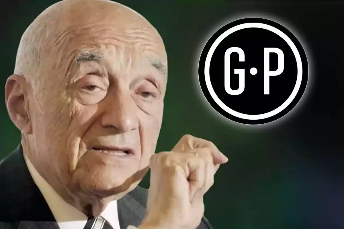 Enrique Eskenazi con traje oscuro gesticula con la mano, junto a un logotipo circular con las letras "G P" en blanco sobre fondo negro.