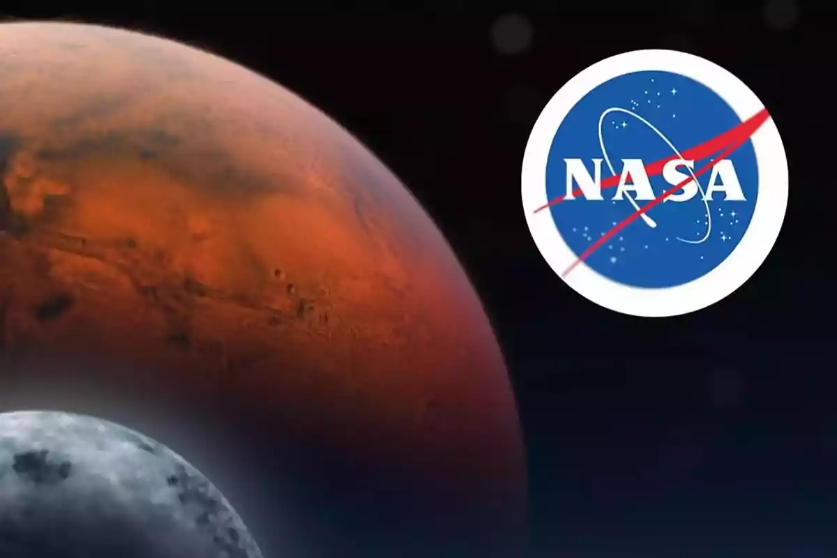 Planeta Marte con el logotipo de la NASA en el espacio.