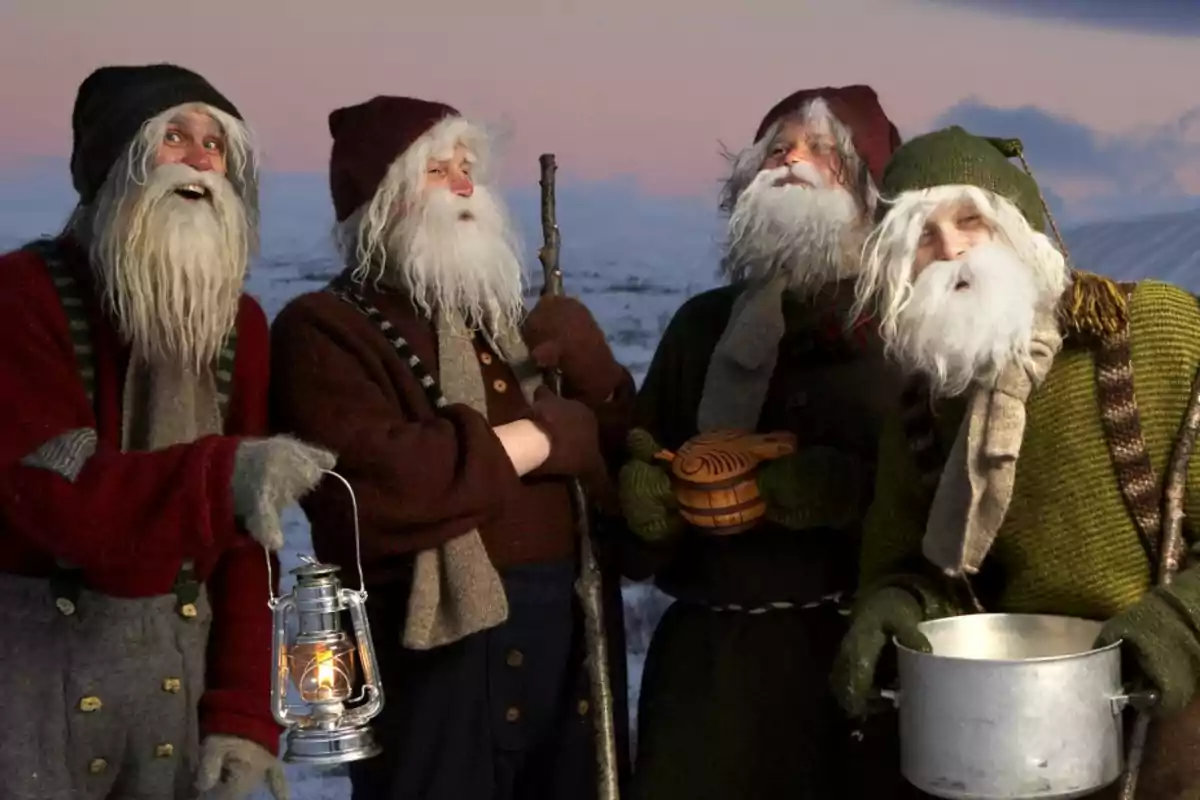 Cuatro personas disfrazadas de duendes con barbas blancas y ropa de invierno, sosteniendo una linterna, un bastón, una tetera y una olla, en un paisaje nevado al atardecer. tradición navideña en Islandia.