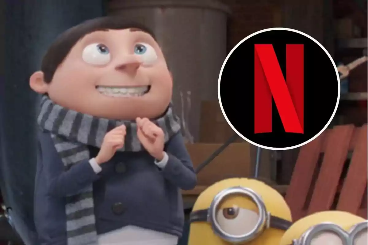 Un personaje animado sonriente junto a un minion con el logo de Netflix en la esquina.