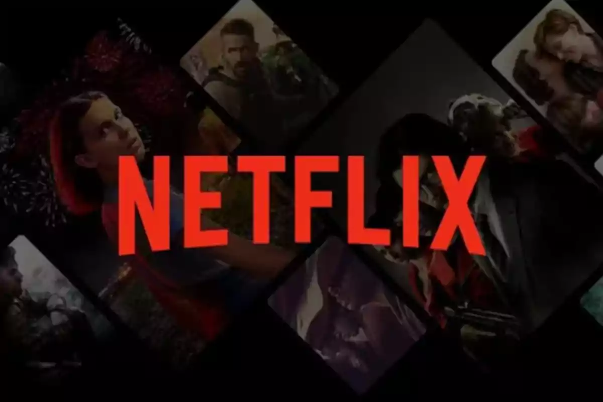 Imagen con el logotipo de Netflix en rojo sobre un fondo oscuro con imágenes de varias series y películas.