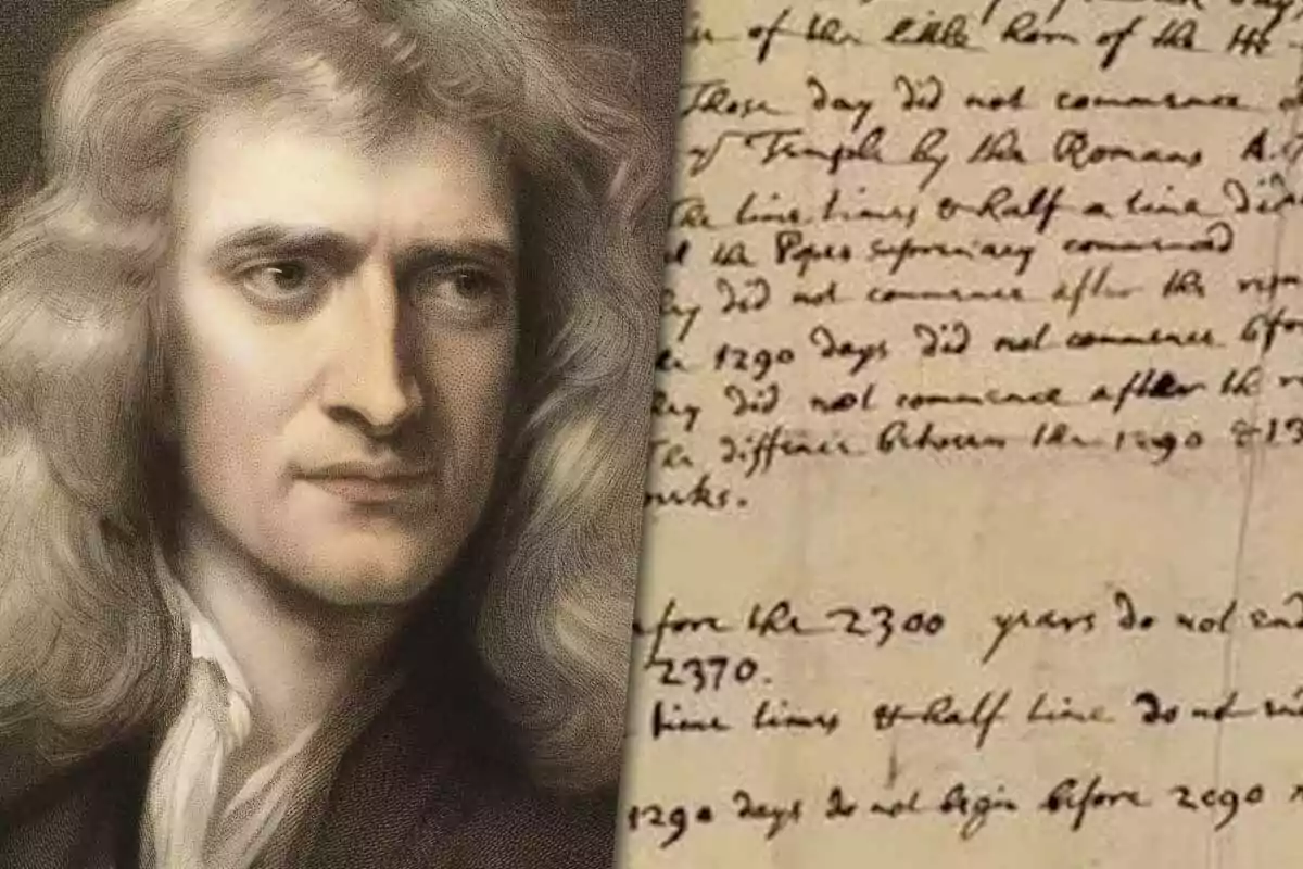 A portrait of a man with long, curly hair next to a page of an ancient manuscript with handwriting.