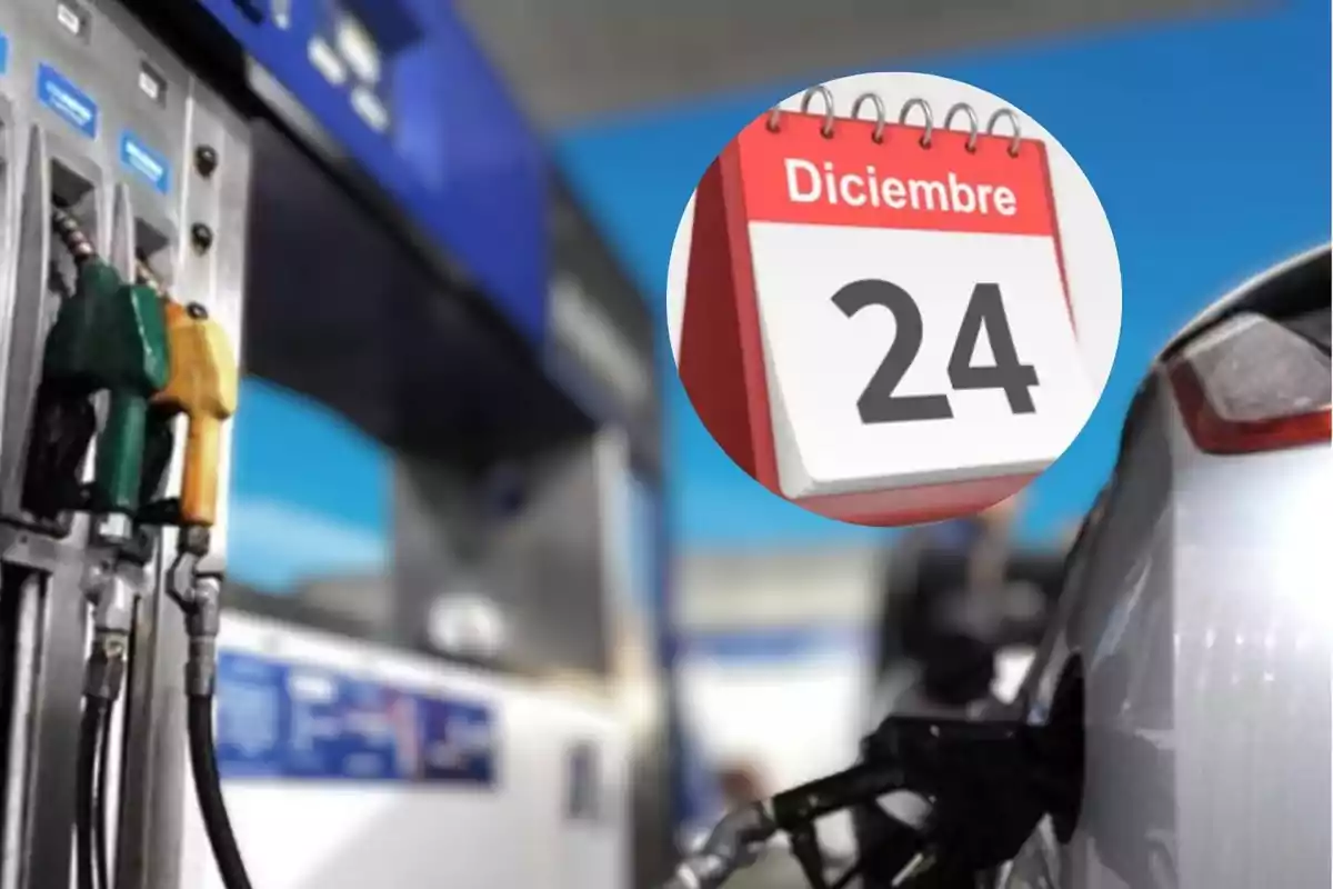 Una estación de servicio con surtidores de gasolina y un calendario que muestra el 24 de diciembre, Nochebuena del 2024.