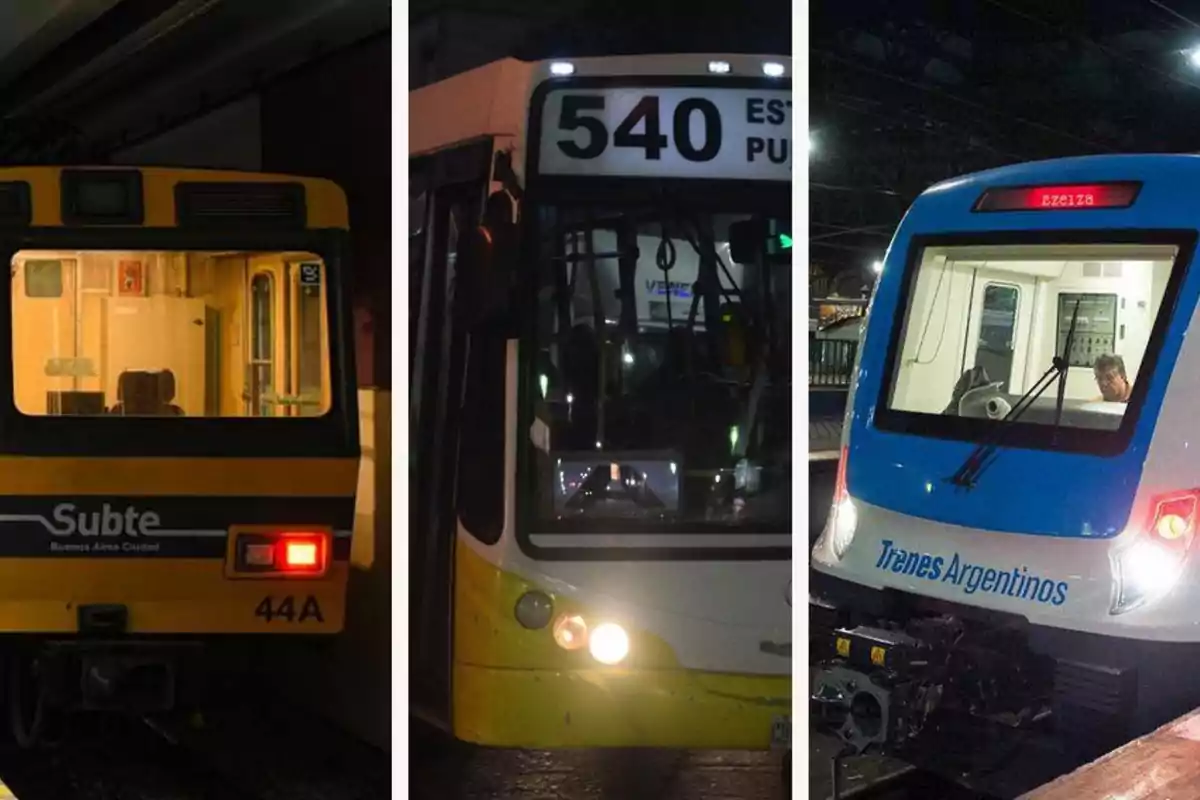 Imagen de tres tipos de transporte público en Argentina: un subte, un colectivo y un tren en la noche de Navidad y Nochebuena 2024.