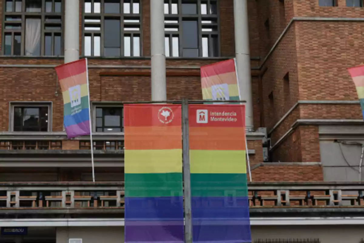 Edificio de ladrillo con banderas del orgullo LGBTQ+ ondeando en el frente.