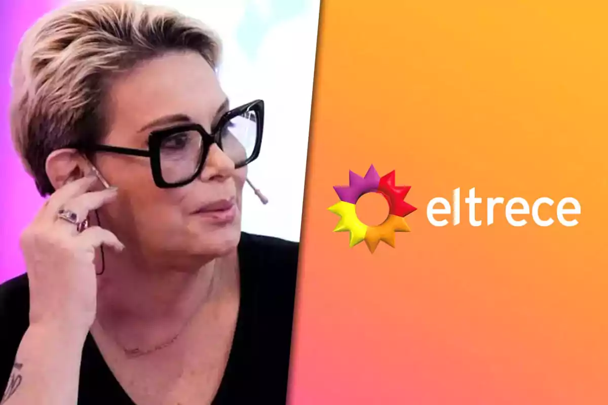 Carmen Barbieri con gafas grandes y cabello corto rubio en un programa de televisión con el logotipo de "eltrece" a la derecha.