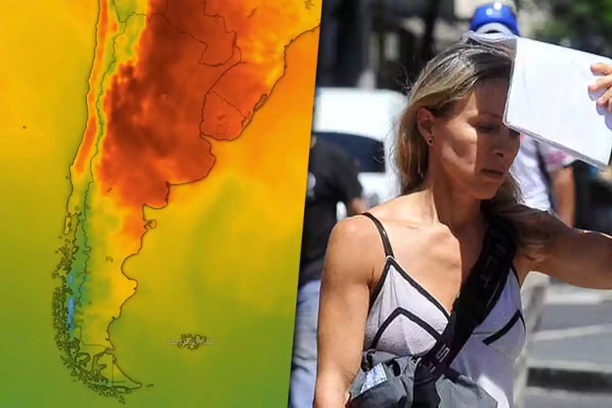 Mapa de calor de Argentina junto a una persona del AMBA protegiéndose del sol con un papel.