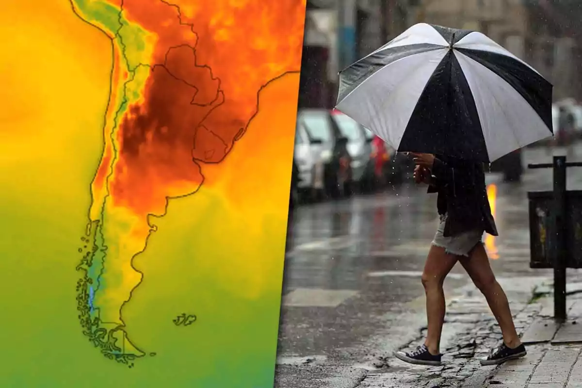 Un mapa de calor de Sudamérica a la izquierda y una persona caminando bajo la lluvia con un paraguas a la derecha.