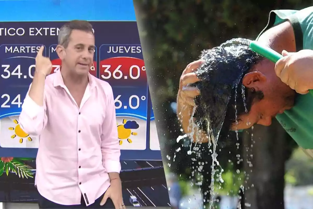 Matías Bertolotti con camisa rosa señala un pronóstico del tiempo que muestra altas temperaturas mientras otra persona se refresca la cabeza con agua.