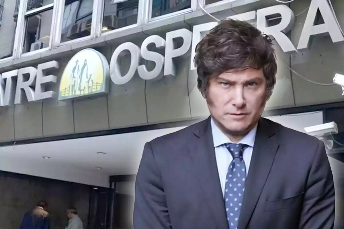 A man in a suit and tie (Javier Milei) is standing in front of a building with a sign that says "OSPRERA".