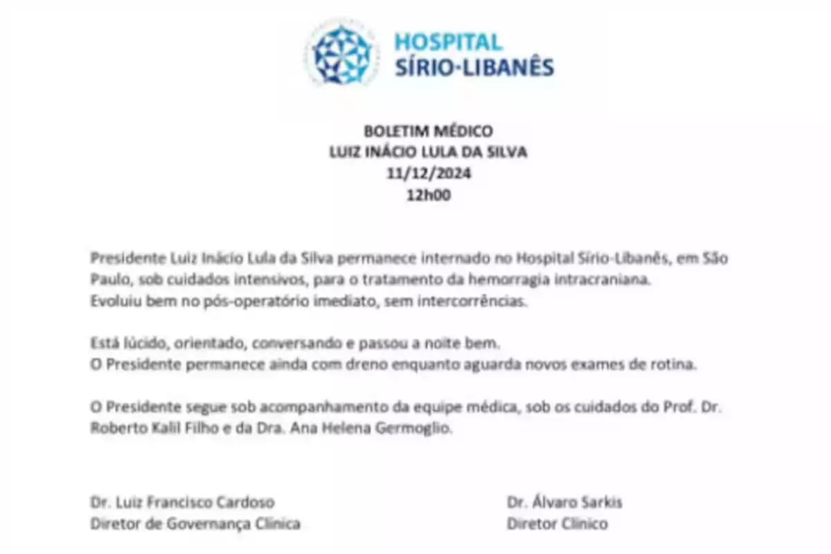 Boletín médico del Hospital Sirio-Libanés sobre el estado de salud de Luiz Inácio Lula da Silva el 11 de diciembre de 2024 a las 12:00 horas.