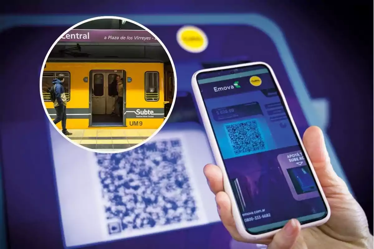 Persona sosteniendo un teléfono con una aplicación de pago digital y un código QR, con un tren del subte de Buenos Aires en el fondo.