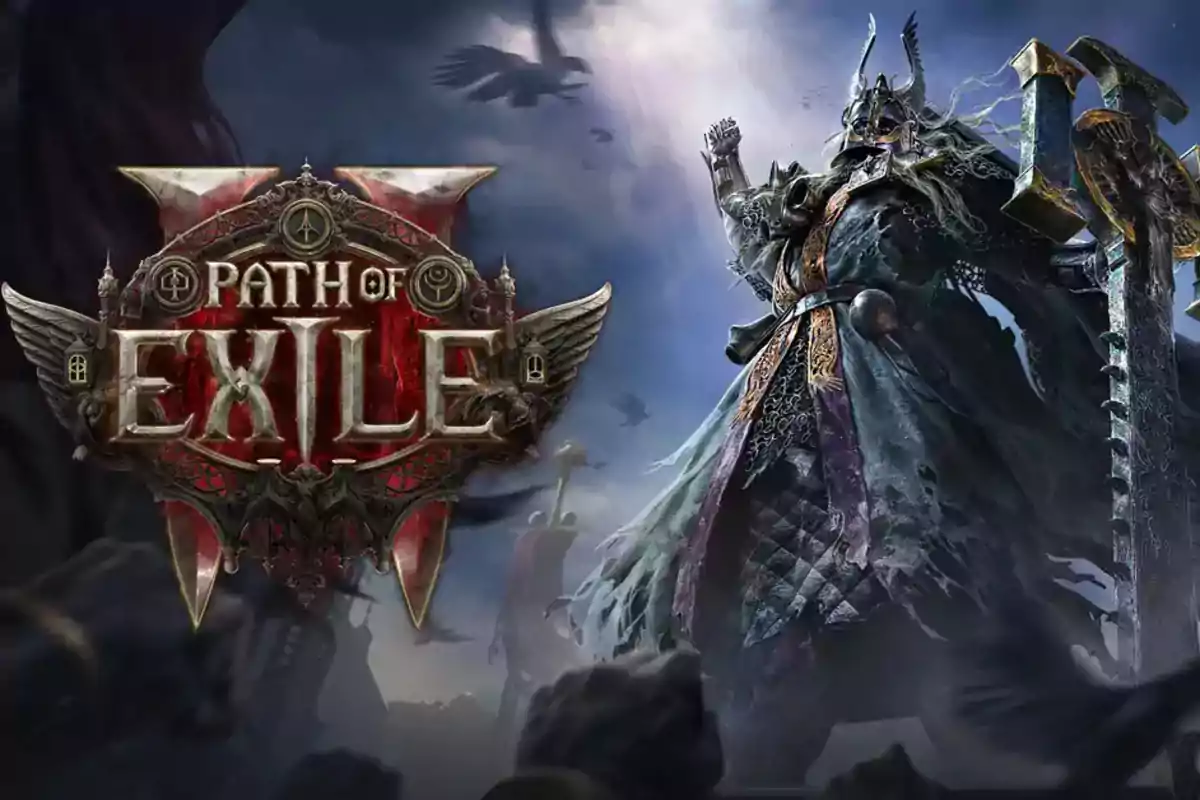 Portada del videojuego Path of Exile 2 mostrando un personaje con armadura y un arma grande en un entorno oscuro y místico.