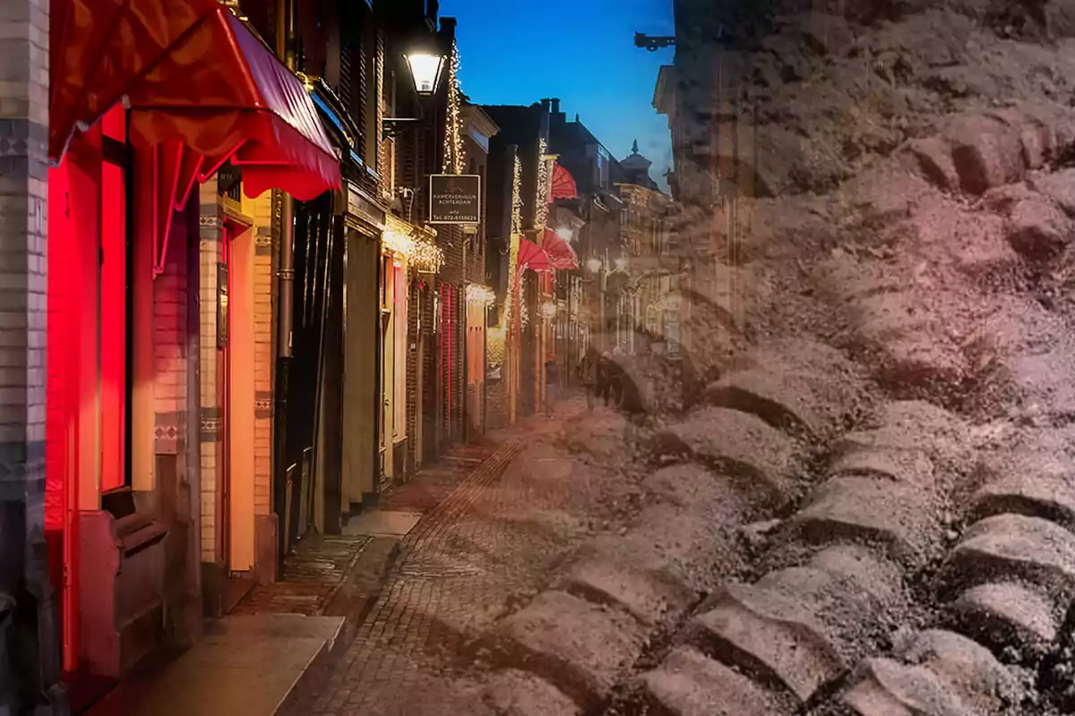 El barrio rojo de Amsterdam en Holanda, con una imagen del descubrimiento del pavimento de huesos superpuesta.