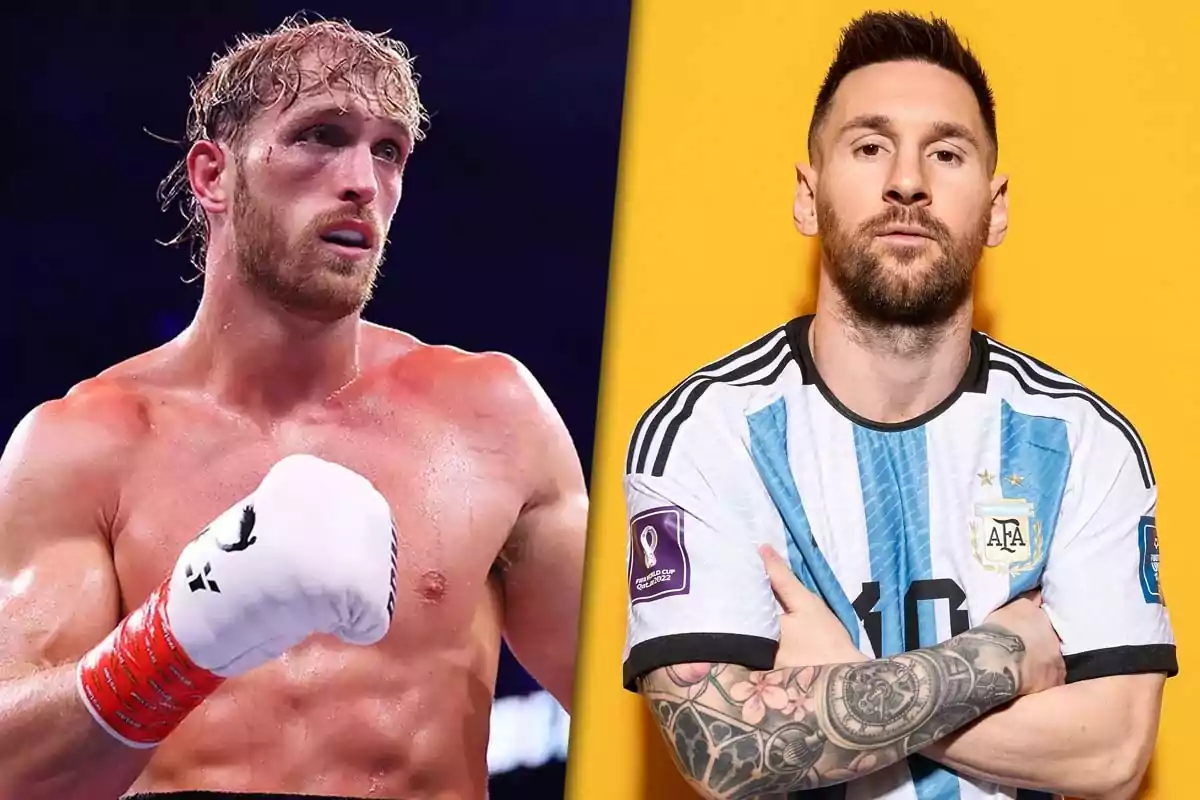 Two men, one with boxing gloves (Logan Paul) and the other with a soccer jersey (Lionel Messi), pose against a divided background.