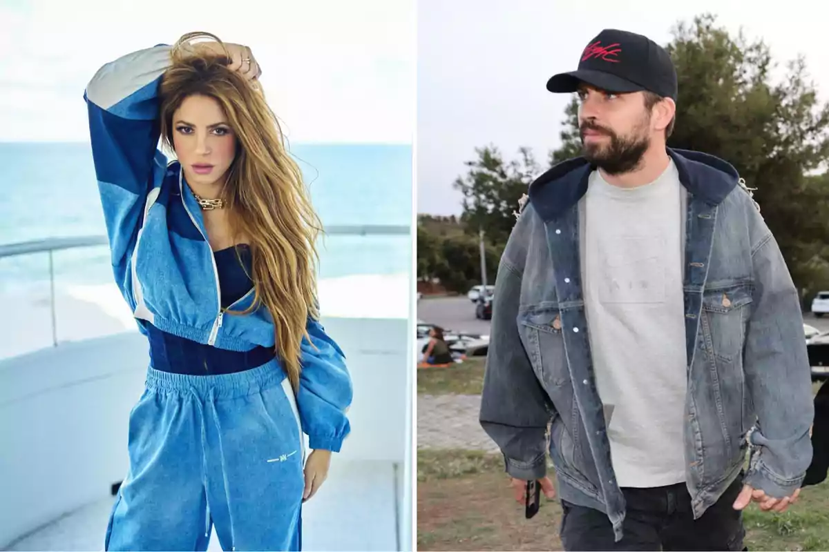 Two people in separate images; the person on the left is wearing a blue sports outfit and is in an outdoor setting with the sea in the background, while the person on the right is wearing a denim jacket and cap, walking in an area with trees and parked cars.