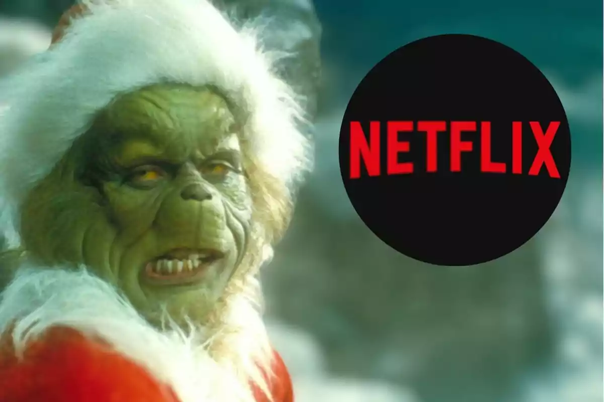 Un personaje de "El Grinch" verde con gorro de Santa Claus junto al logo de Netflix, representando las peliculas navideñas en la plataforma de streaming.