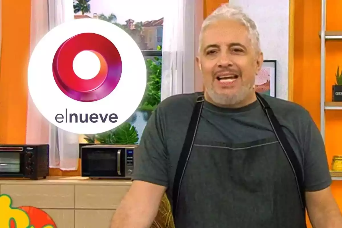 Peluffo con delantal negro está en un set de cocina en el programa "Qué Mañana" con el logo de "elnueve" a su lado.