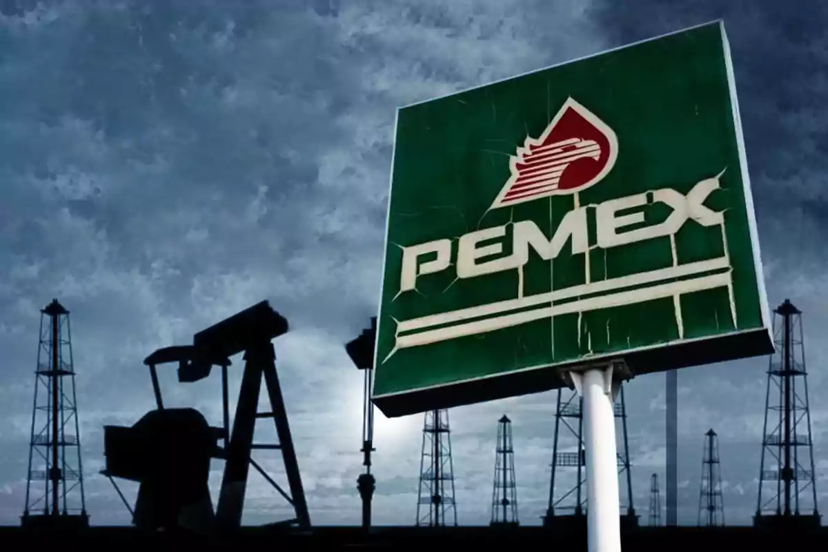 A PEMEX sign in the foreground with oil drilling towers in the background under a cloudy sky.