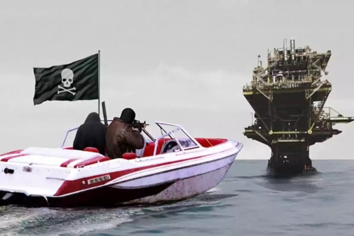 A boat with a pirate flag is approaching an offshore oil platform.