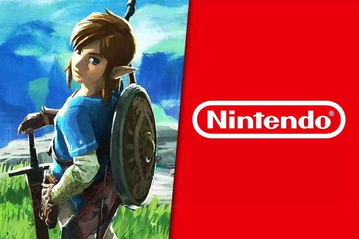 Personaje de videojuego con espada y escudo en un paisaje verde junto al logotipo de Nintendo sobre fondo rojo.