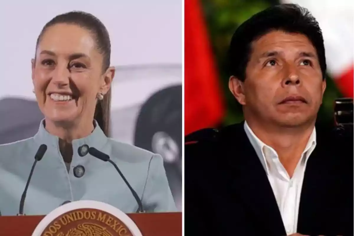 Dos personas en un montaje fotográfico, una mujer sonriente hablando en un podio y un hombre mirando hacia arriba con expresión seria.