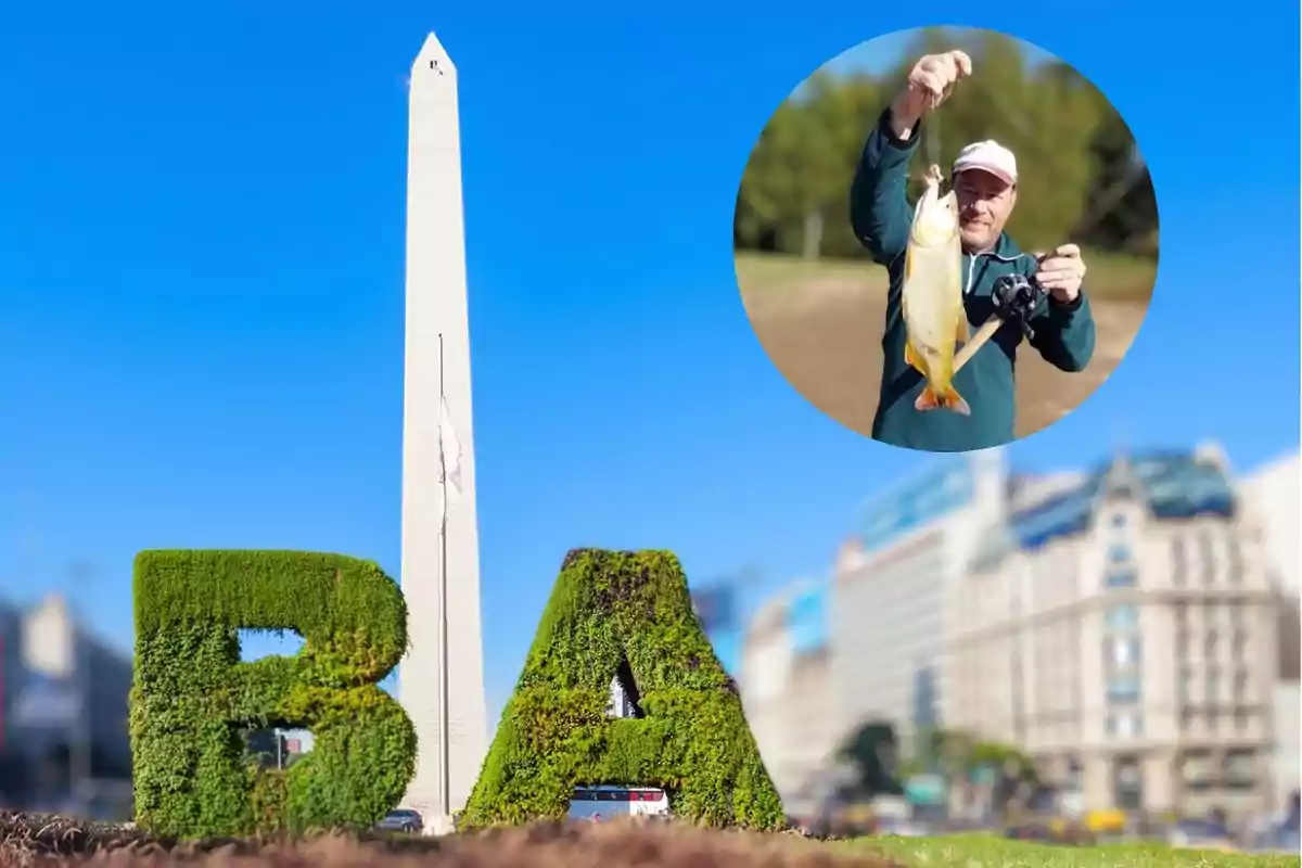 Un obelisco en una ciudad con letras verdes BA y un hombre sosteniendo un pez en un círculo superpuesto, representando los mejores lugares para pescar durante el verano de 2025.