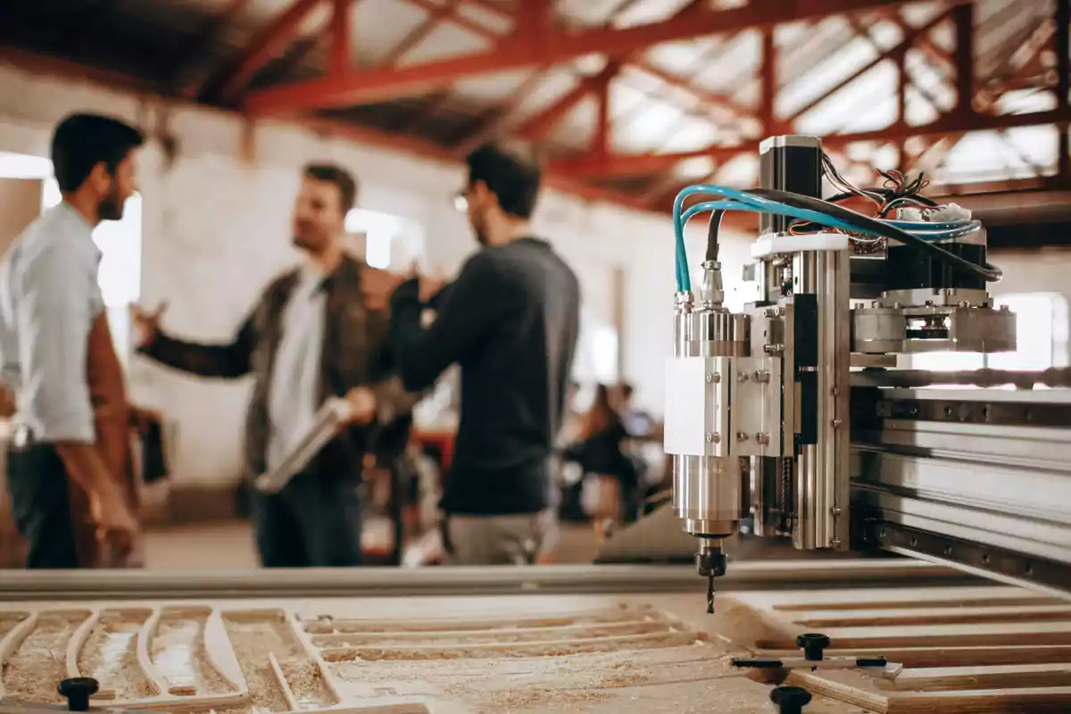 Un grupo de personas conversando en un taller con una máquina CNC en primer plano.