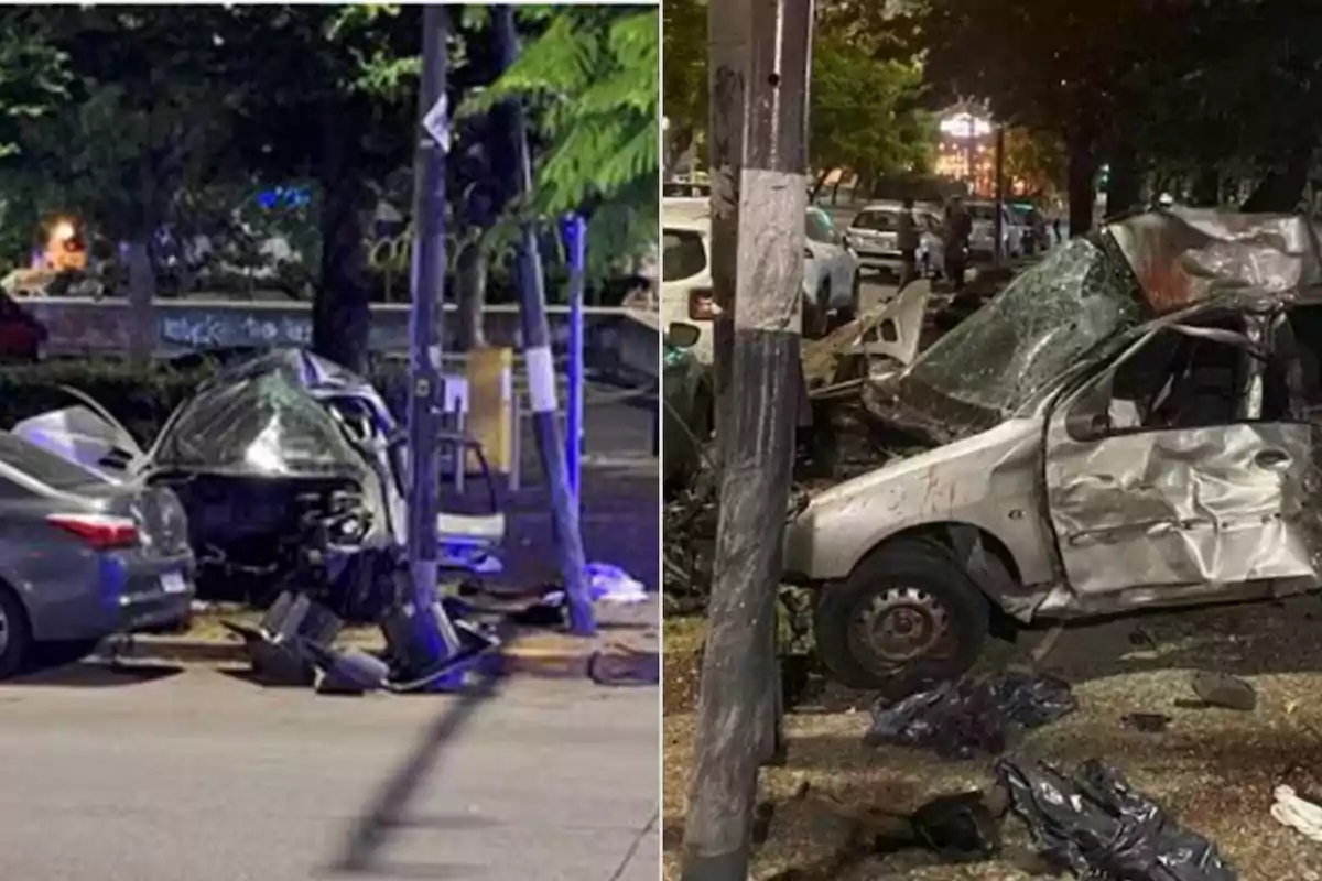 Dos imágenes muestran autos gravemente dañados tras un accidente en una calle arbolada, con uno de los vehículos impactado contra un poste.