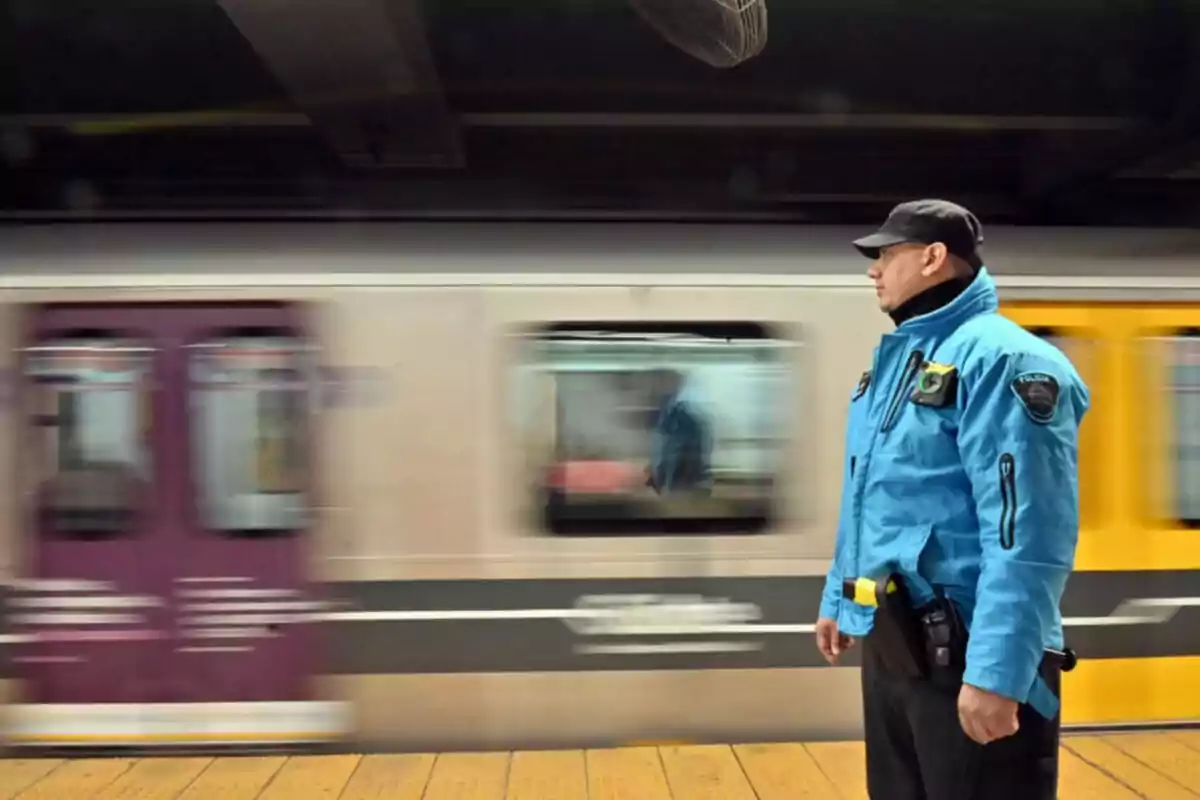 Un guardia de seguridad con uniforme azul observa un tren en movimiento en una estación de metro.