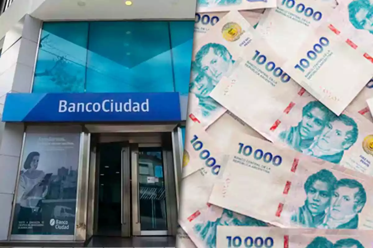 Entrance of a Banco Ciudad branch next to a stack of 10,000 peso bills.