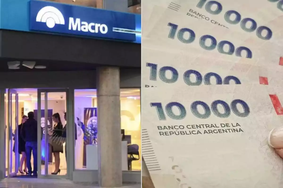 Entrada de un banco con personas en el interior y billetes de 10,000 pesos argentinos, simbolizando los rendimientos en plazos fijos.