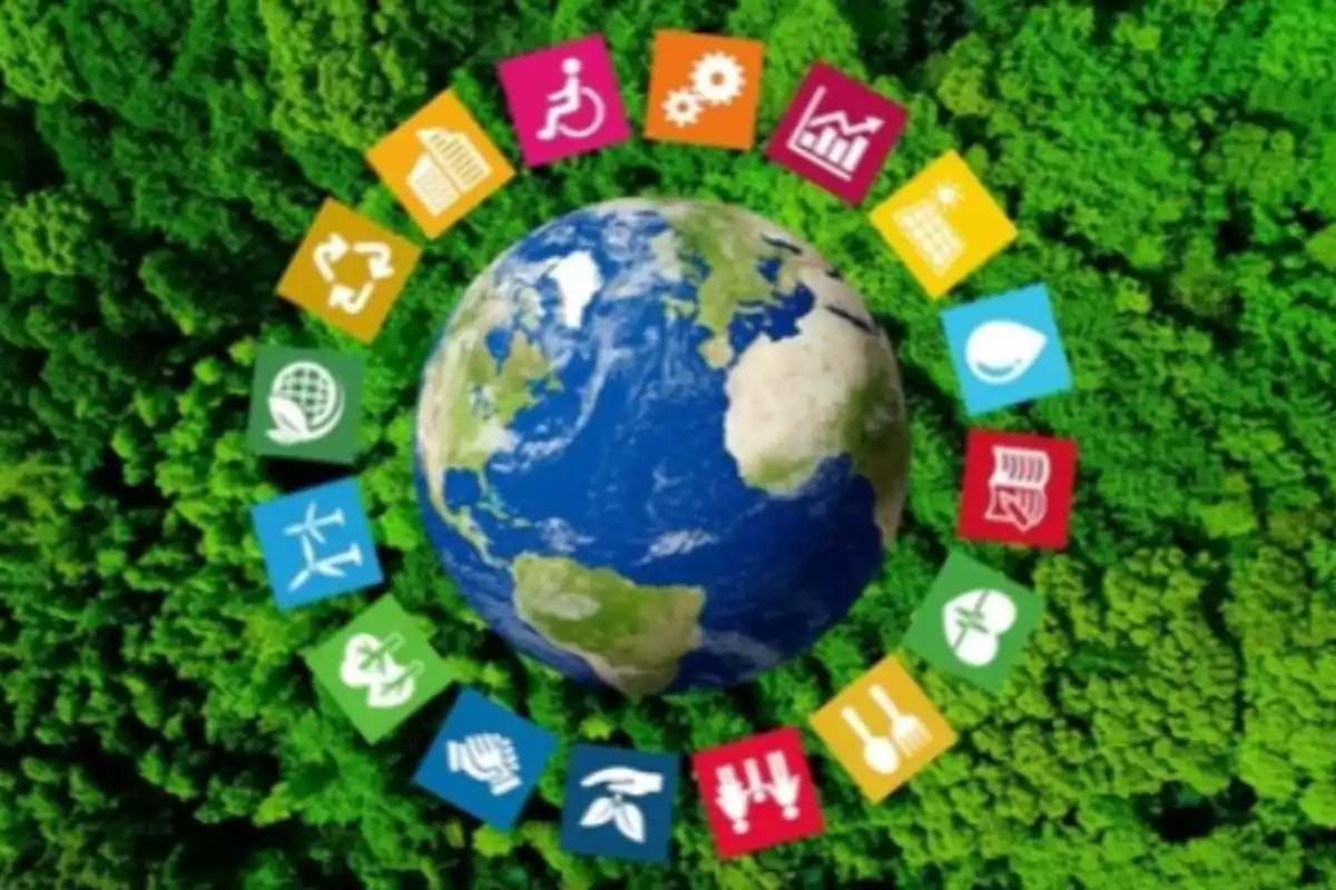 The image shows a planet Earth surrounded by colorful icons representing different sustainable development goals against a green forest background.