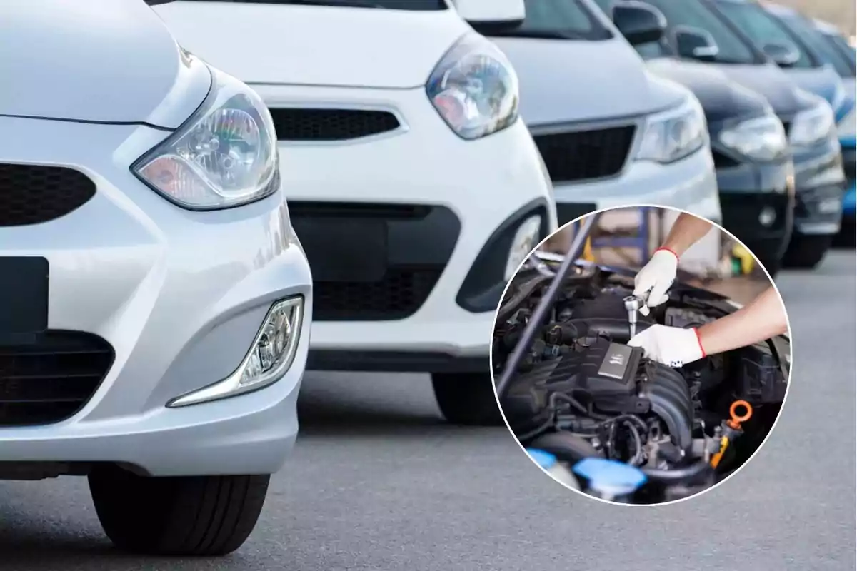 Fila de autos estacionados con un recuadro que muestra a una persona realizando mantenimiento en el motor de un vehículo.