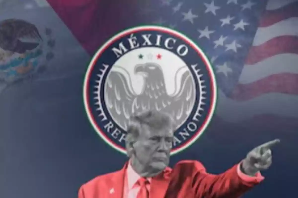 A person in a red suit points forward, with a background that combines elements of the flags of Mexico and the United States, and a shield with an eagle.