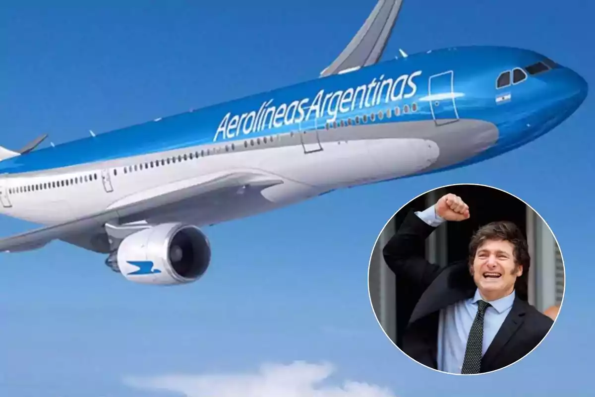 Un avión de Aerolíneas Argentinas en vuelo con un recuadro de una persona celebrando.