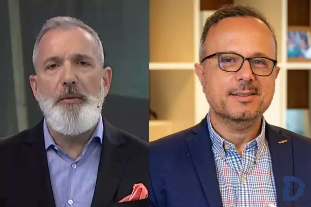 Dos hombres con barba y gafas, uno con cabello canoso y el otro con cabello oscuro, ambos vistiendo trajes formales.