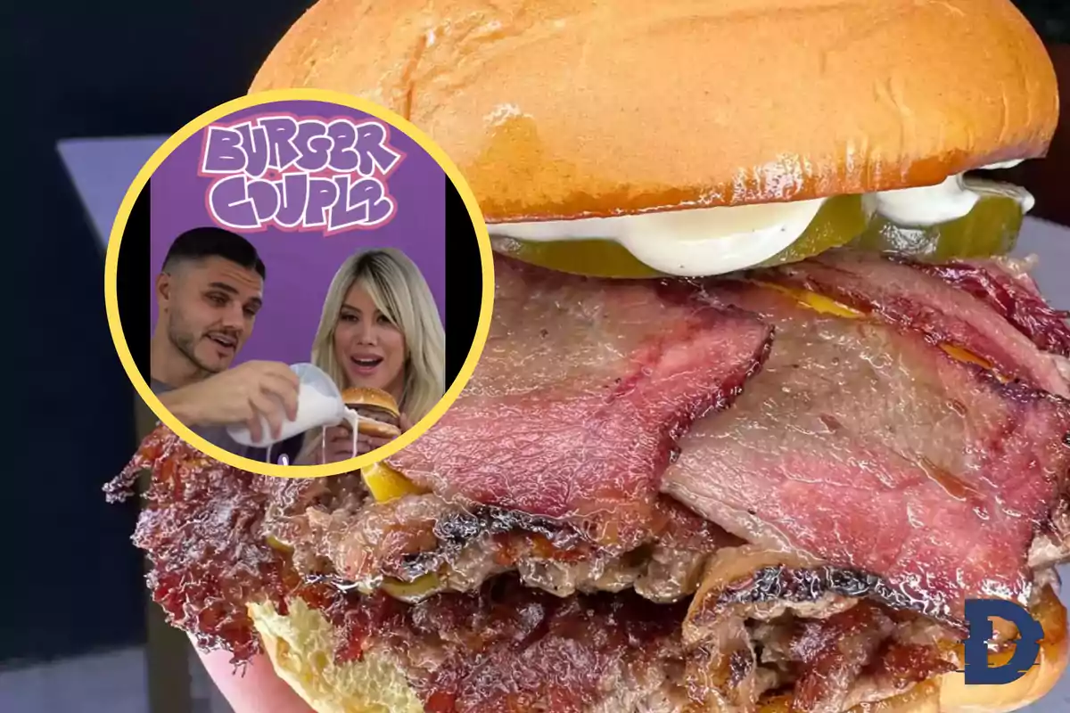 Una hamburguesa jugosa con carne y pepinillos, acompañada de un círculo que muestra a dos personas con el texto "Burger Couple".