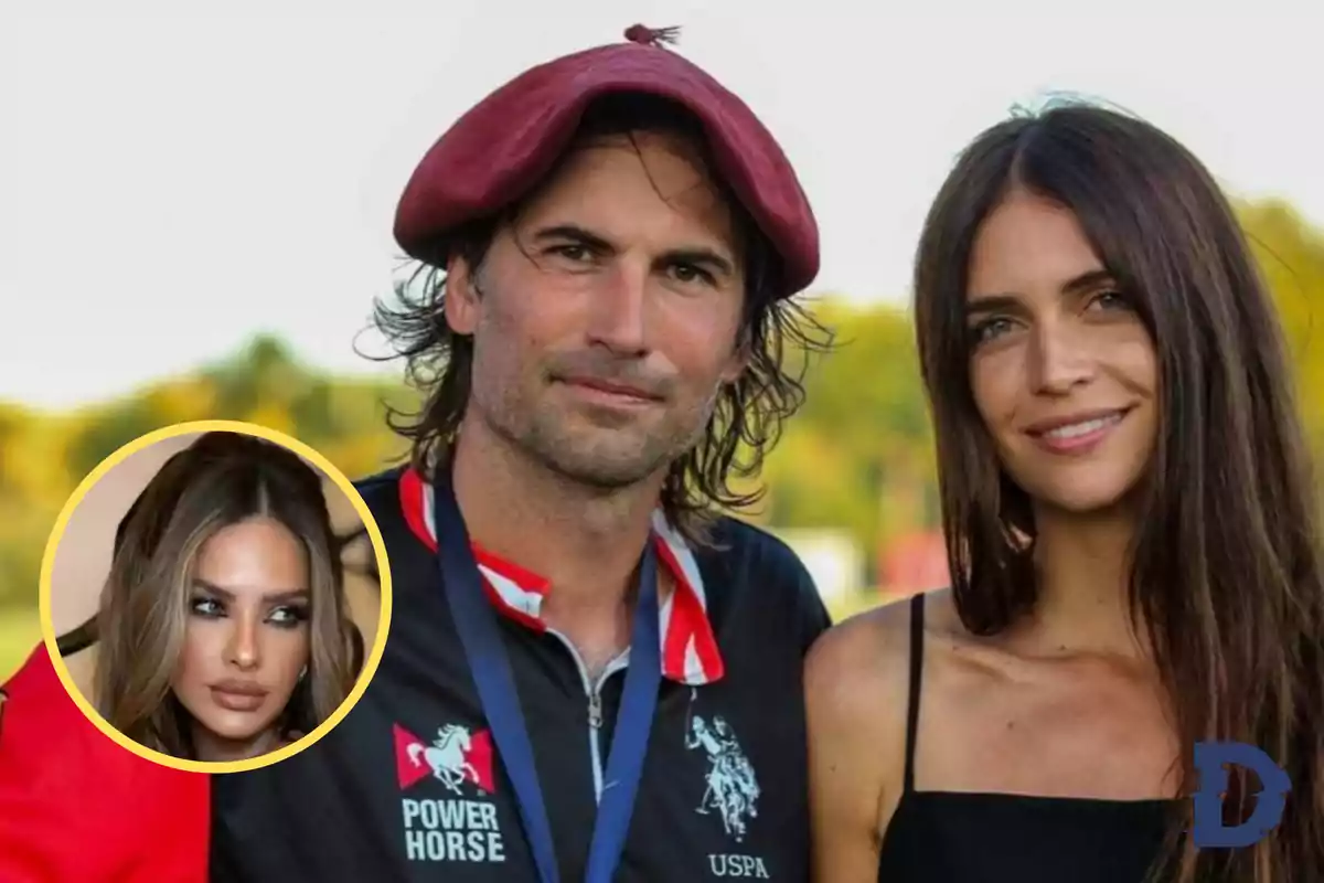 Un hombre con boina roja y una mujer de cabello largo posan juntos al aire libre, con un recuadro que muestra a otra mujer.