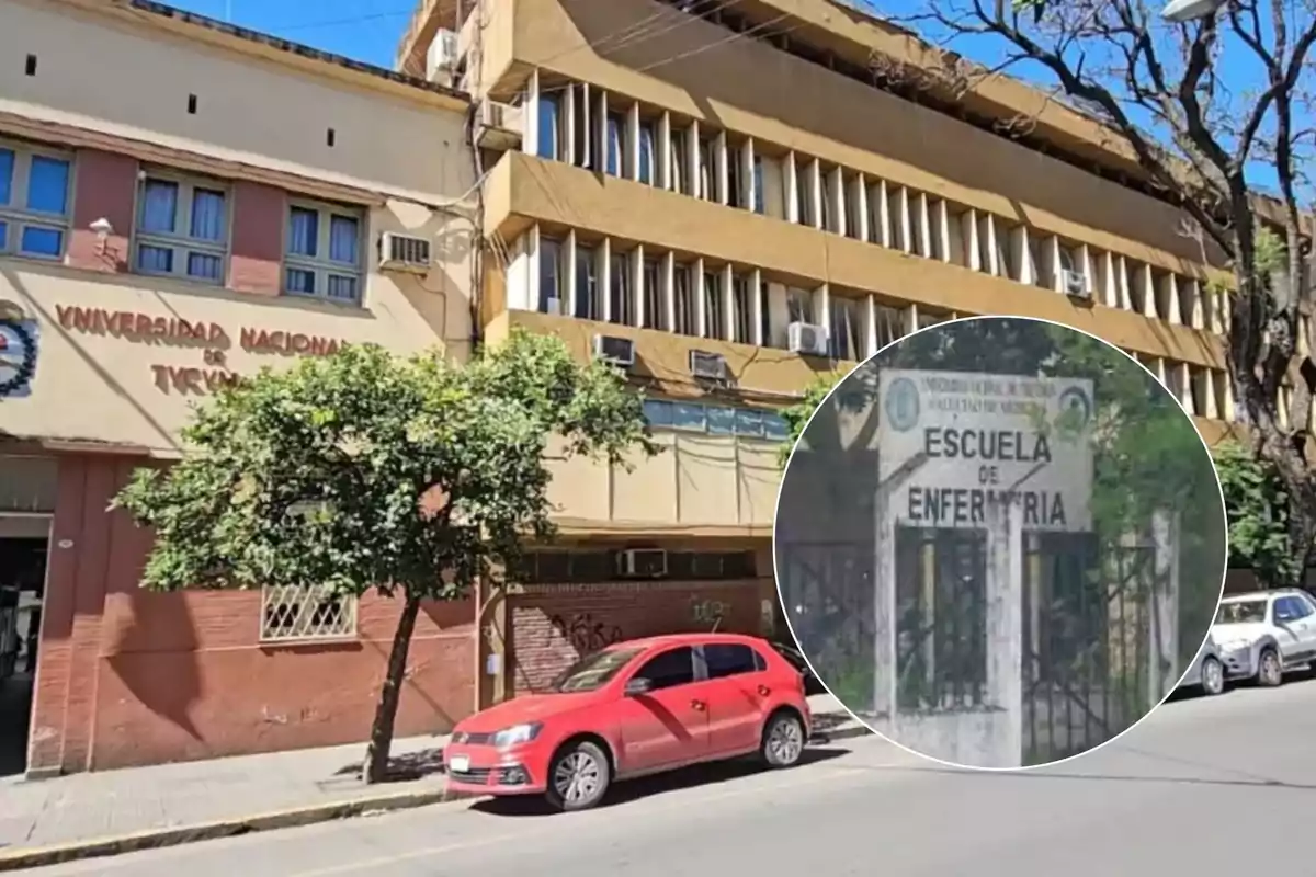 Edificio de la Universidad Nacional de Tucumán con un cartel que indica la Escuela de Enfermería y un auto rojo estacionado en la calle.