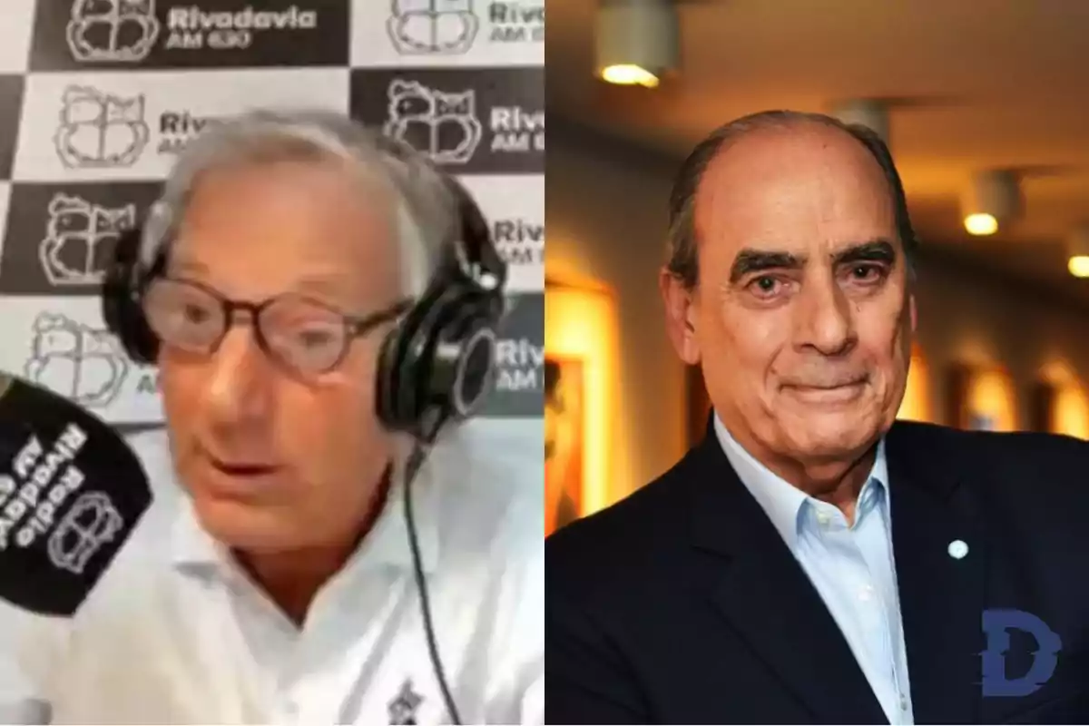 Dos hombres en un collage, uno usando auriculares y hablando en un micrófono de radio, el otro posando con traje y corbata.