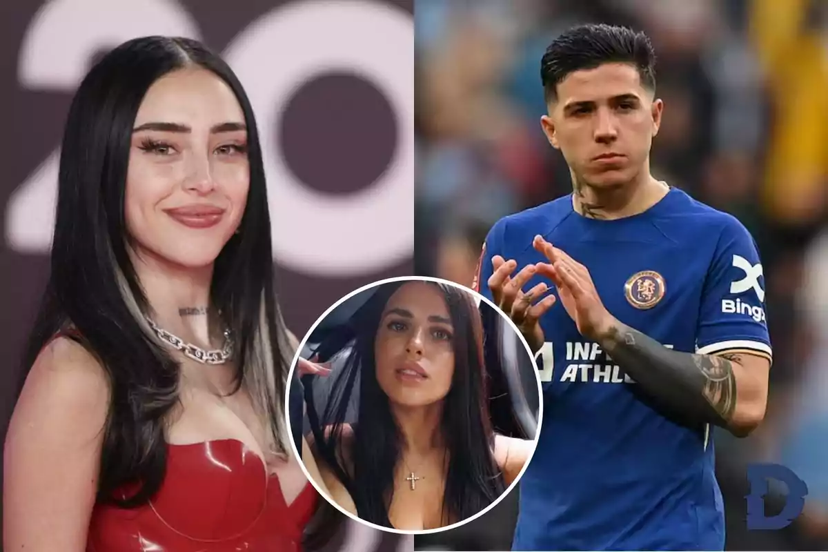 Una mujer con cabello oscuro y vestido rojo sonríe a la cámara, a la derecha un hombre con uniforme azul de fútbol aplaude, y en un círculo en el centro hay una imagen de otra mujer con cabello oscuro.