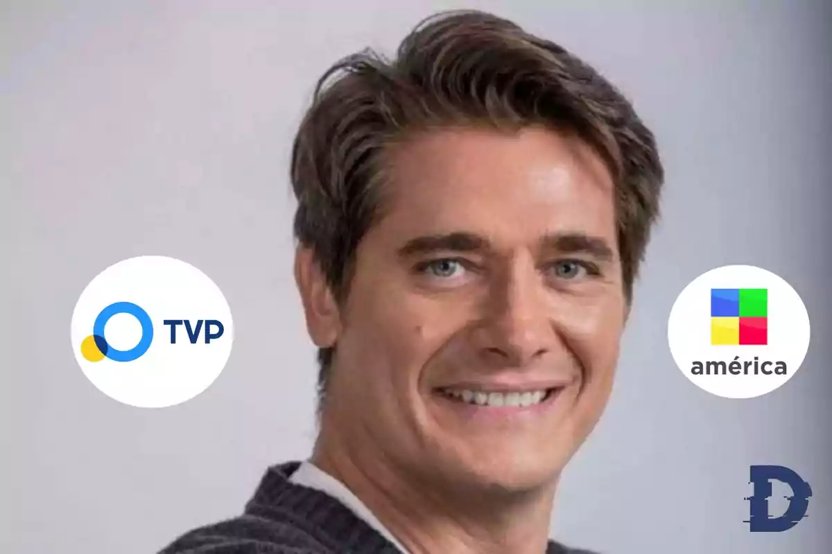 Un hombre sonriente con logos de TVP y América a su alrededor.