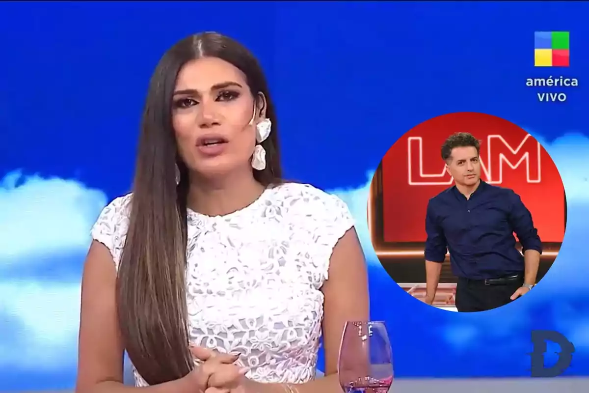 Una presentadora de televisión con un vestido blanco habla en un programa en vivo, mientras en un recuadro aparece un hombre de pie frente a un fondo rojo con las letras LAM.