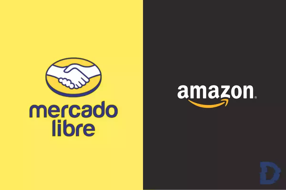 Logos de Mercado Libre y Amazon en un fondo dividido verticalmente, amarillo a la izquierda y negro a la derecha.